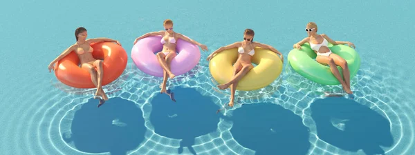 Ilustración 3D de mujeres nadando en flotador en una piscina . — Foto de Stock