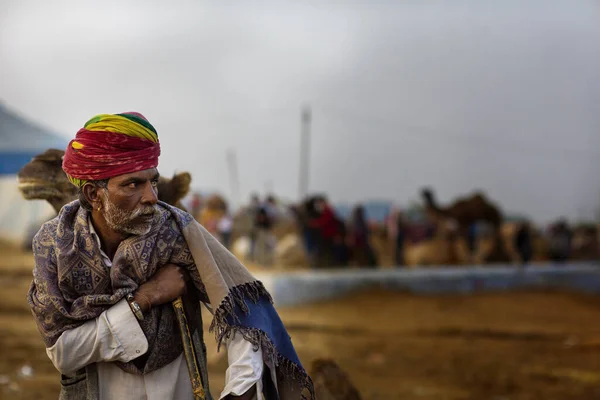 Puşkar, Rajasthan / Hindistan - Kasım 2019: Pushkar kentinde düzenlenen yıllık çoban şenliğinde bir deve çobanı potpurisi.