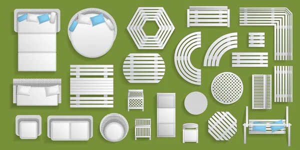 Icons set. Outdoor furniture and patio items. Isolated Vector Illustration. Tables, benches, chairs, sunbeds, swings, umbrellas, plants. Furniture store