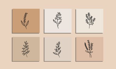 Galeri duvarı, 3 adet basılabilir minimalist baskı seti. Yatak odası, oturma odası ve ofis için duvar resimleri. El çizimi vektör tasarımı ögeleri.