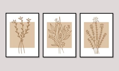 Galeri duvarı, 3 adet basılabilir minimalist baskı seti. Yatak odası, oturma odası ve ofis için duvar resimleri. El çizimi vektör tasarımı ögeleri.
