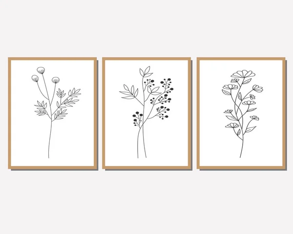 Galeri duvarı, 3 adet basılabilir minimalist baskı seti. Yatak odası, oturma odası ve ofis için duvar resimleri. El çizimi vektör tasarımı ögeleri.