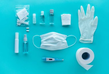 Coronavirus (covid-19) önleme ekipmanları. Tıbbi tedarikler. Virüs salgını durumu. Vücut sağlığı bakımı. Ellerinizi yıkama ve temizleme.