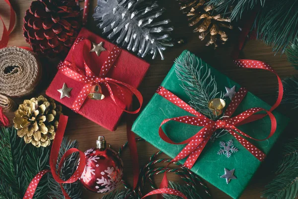 Vrolijke Kerst Concepten Met Versieren Geschenkdoos Aanwezig Ornament Element Houten — Stockfoto