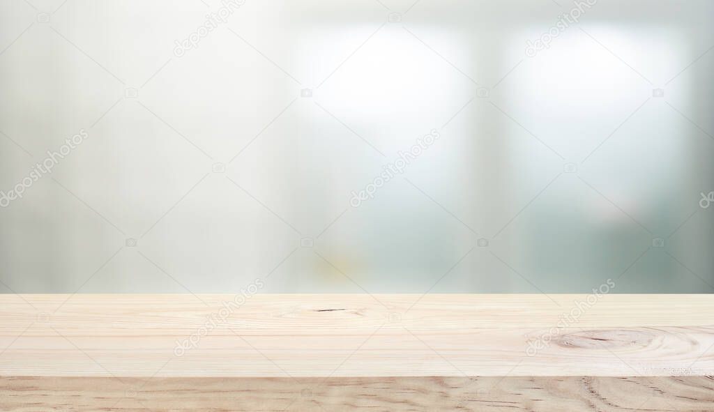 Wood table top on white wall glass  background.For montage product display or design key visual layout