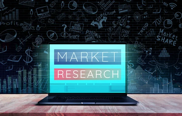 Conceptos Investigación Mercado Con Texto Laptop Digital Marketing Statistics Analizando — Foto de Stock