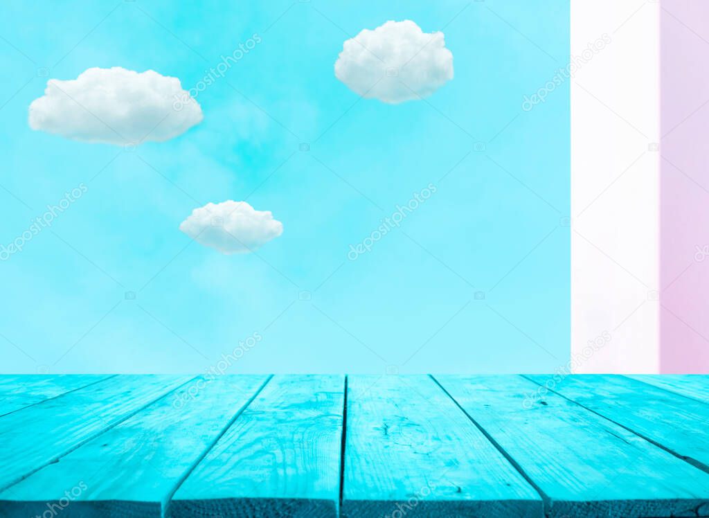 Empty of blue wood table top on sky view from window.For montage product display or design keyvisual layout