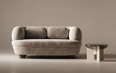 Bu 3D resim, lüks konforu minimalist modern estetikle harmanlayan eşsiz bir yan masa ile lüks bir kanepe sergiliyor.