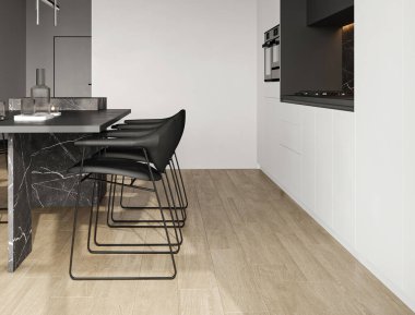 Geniş minimalist mutfak 3D. Parlak mermer bir yemek masası, çağdaş aydınlatma ve temiz beyaz dolap.