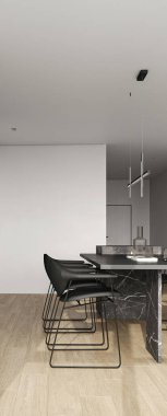 Burası modern mobilyaların zarif bir sadelik ve güzellik dokunuşuyla sergilendiği şık bir yemek alanı.