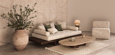 Zarif 3D oturma odası rahat bir kanepe, ahşap aksanlar ve kırsal bir tencerede büyük bir zeytin ağacı ile huzurlu bir ortam yaratıyor.