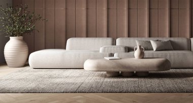 Çağdaş 3 boyutlu bir oturma odası. Bölgesel bir kanepesi, eşsiz bir sehpası ve panelli bir duvara karşı zarif bir kolyesi var.