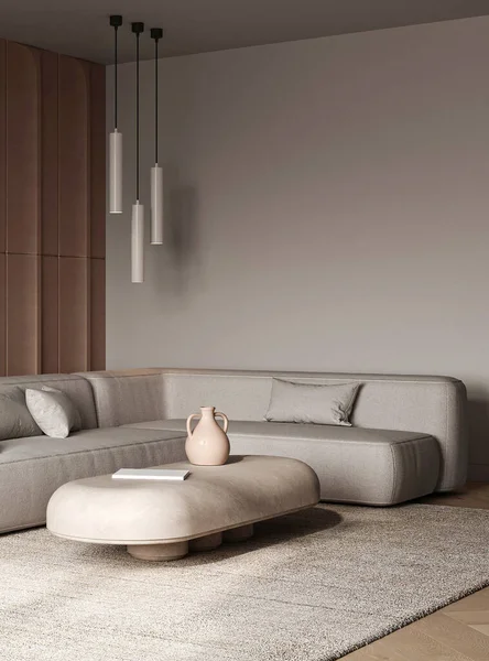 Oturma odası yumuşak tonlu ve zarif döşemeleriyle minimalist bir tasarıma sahip. Sıcak, davetkar bir alan yaratıyor.