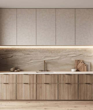 Ahşap elementli, lüks ışıklandırmalı ve mermer kaplamalı mutfak tasarımı. Tarz işlevsellikle buluşur. 3D görüntüleme. Yüksek kalite 3d illüstrasyon.