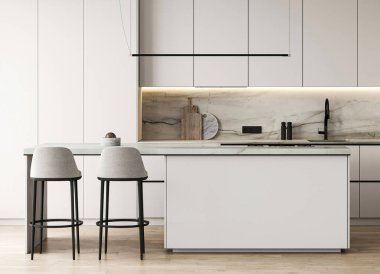 Ada ve panoramik arka planlı modern doğa tarzı beyaz mutfak iç tasarımı. 3D görüntüleme. Yüksek kalite 3d illüstrasyon.