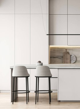 Ada ve panoramik arka planlı modern doğa tarzı beyaz mutfak iç tasarımı. 3D görüntüleme. Yüksek kalite 3d illüstrasyon.