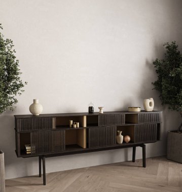 Parlak klozet ve yeşil bitki arka planına sahip modern gri oturma odası. Hafif modern Japon doğa görüşü. 3D görüntüleme modeli. Yüksek kalite 3d illüstrasyon.