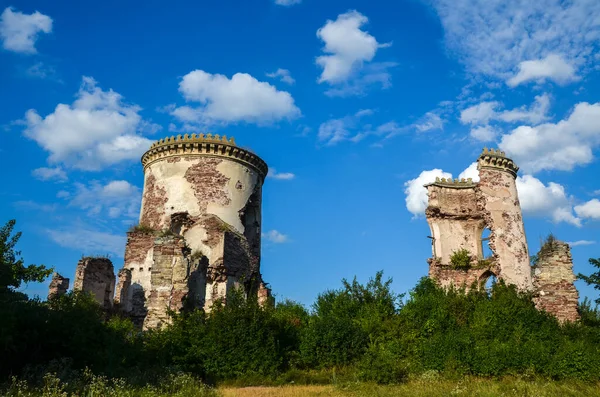 Çökmüş Chervonohorod şatosunun kalıntıları Ukrayna 'daki Dinyester Nehri' nin manzaralı park vadisinde.