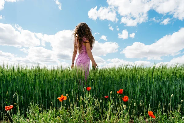 Long-haired woman in a pink dress on a field of green wheat and wild. poppies — Stock Photo, Image