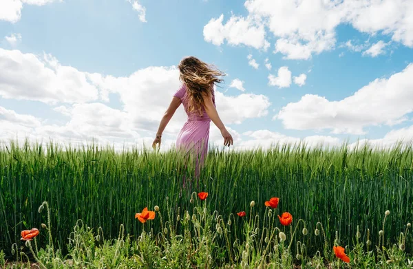 Long-haired woman in a pink dress on a field of green wheat and wild poppies. — Stock Photo, Image