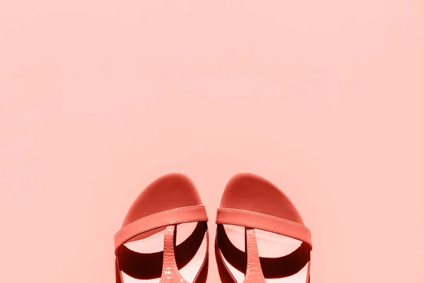 Orange fashionable womens sandals on a pink background. — Stock Photo, Image