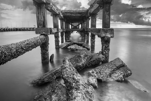 Ruins Jetty Photo Long Exposure Sea Cape Thailand Black White — стоковое фото