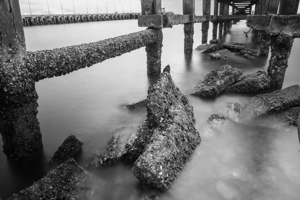 Ruins Jetty Photo Long Exposure Sea Cape Thailand Black White — стоковое фото