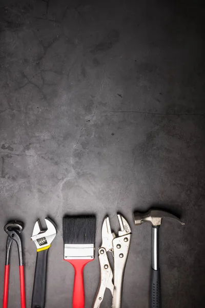 Startseite Reparatur Handwerkzeuge Auf Einem Zementgrauen Hintergrund Konzept Hausreparatur Heimwerker — Stockfoto