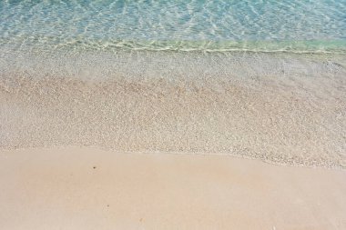 Kumsal ve deniz arka planı, kum ve baloncuk, dalga. Kumlu sahilde yumuşak bir dalga. Arkaplan.