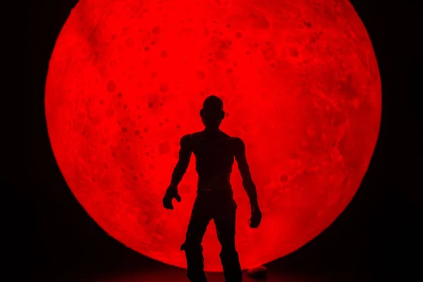 Силуэт Украшений Зомби Хэллоуин Заднем Плане Красная Полная Луна Концепция — стоковое фото