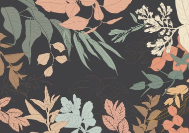 Botanik bahçesi. El çizimi bitki elementlerinin vektör koleksiyonu