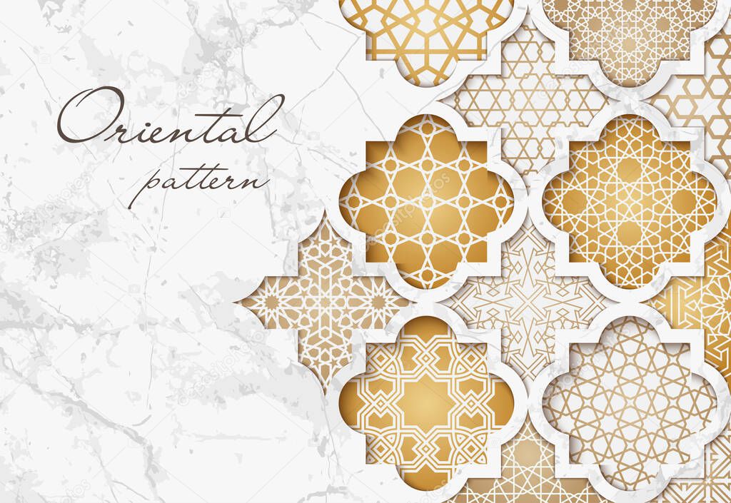Oriental pattern. Vector golden background in arabic, moroccan style for design 