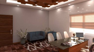 MD kabin 3D ofis içi yarışmaları beyaz ve duvar kağıtlarıyla oluşturuldu.