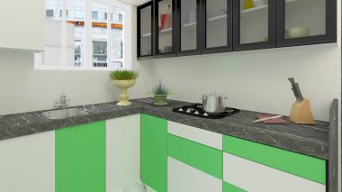 Üç boyutlu, beyaz ve limonlu mutfak kompozisyonları..