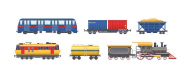 Set of freight train with wagons, tanks, freight, cisterns. Railway locomotive train with oil wagon, transportation cargo, railway transport locomotive, subway metro vector isolated clipart