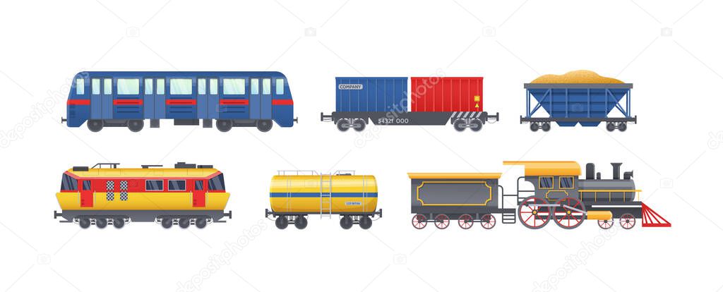 Set of freight train with wagons, tanks, freight, cisterns. Railway locomotive train with oil wagon, transportation cargo, railway transport locomotive, subway metro vector isolated
