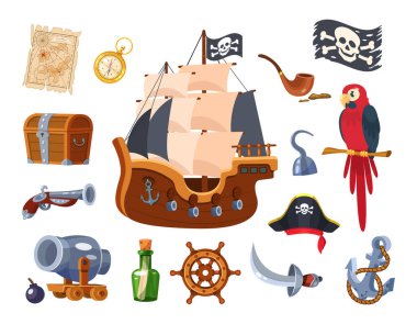 Adventure pirate set. Pirate ship equipment, treasure map and box, weapon, parrot, compass, treasure chest, pipe with tobacco, hat, flag, pistol, bottle of rum. Symbols of sea adventure vector clipart