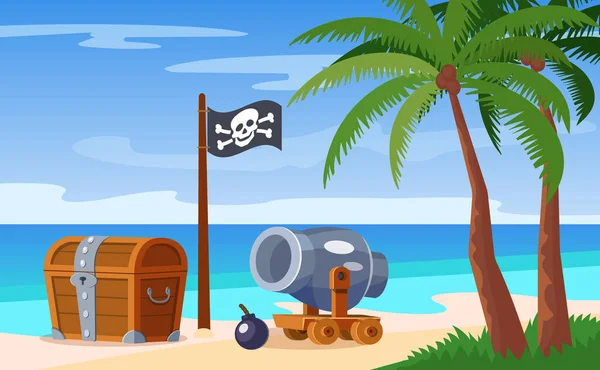 Île Aventure Inhabitée Avec Coffre Trésor Bois Pirate Drapeau Pirate — Image vectorielle