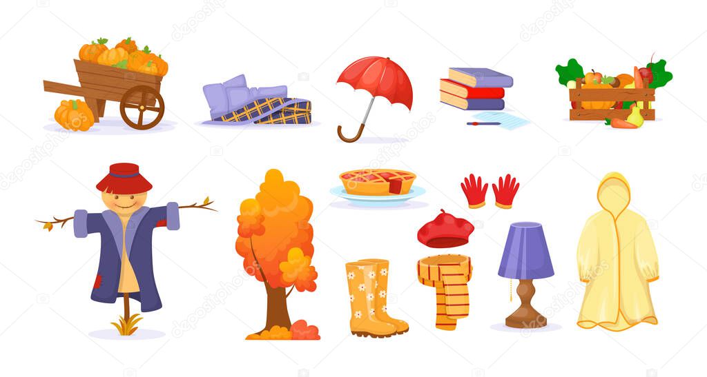 Autumn elements collection raincoat, harvest, vegetables, fruit, pie, hat, scarf, beret, book, kerosene lamp, rubber boots, scarecrow, wooden pumpkin cart. Harvest time autumn greeting card vector.