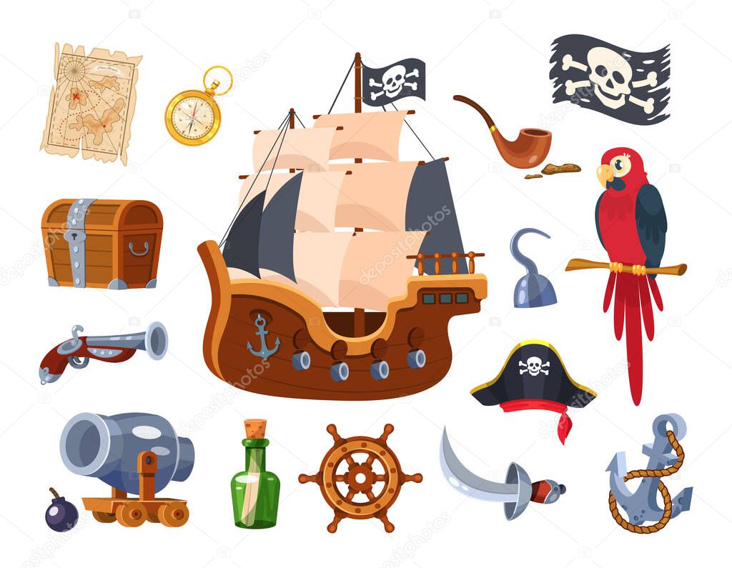 Adventure pirate set. Pirate ship equipment, treasure map and box, weapon, parrot, compass, treasure chest, pipe with tobacco, hat, flag, pistol, bottle of rum. Symbols of sea adventure vector