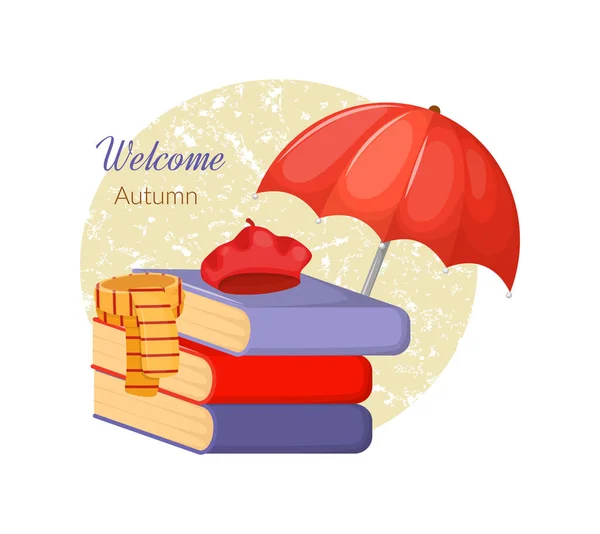 Bienvenue Collection Éléments Automne Parapluie Avec Livres Chapeau Écharpe Sur — Image vectorielle