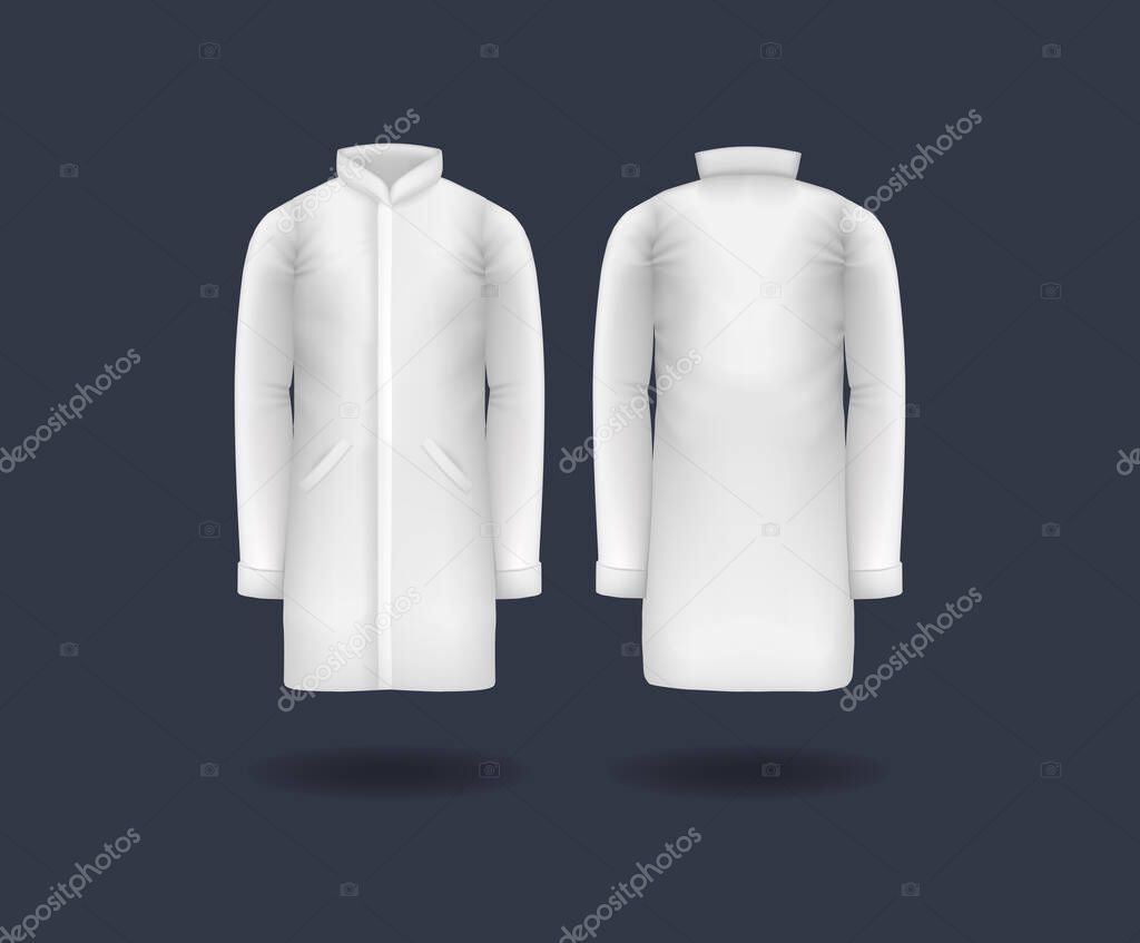 Realistic doctor coat mock up. White male medical gown, lab uniform, doctor medical laboratory clothes, hospital professional suit, on transparent background isolated mockup vector