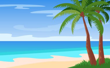 Boş adanın vektör karikatür manzarası, denize bakan güzel sahil, palmiyeler, kavurucu güneş. Parlak manzara yaz arka planı güzel doğa.