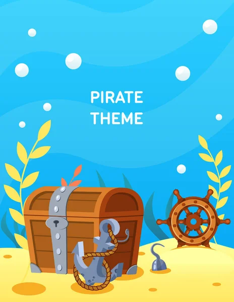 Pirate Theme Vector Cartoon Treasure Chest Bottom Ocean Steering Wheel — Stock Vector