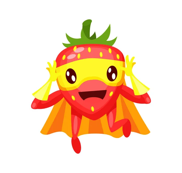 Morango Fruta Personagem Desenho Animado Engraçado Traje Super Herói Máscaras — Vetor de Stock