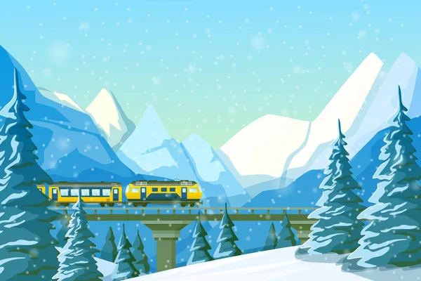 高速列車は鉄道で 橋の上で 雪に覆われた丘 冬の森の松や丘の間を移動します 雪の中で冬のモミの木帽をかぶった山々の風景イラストベクトル — ストックベクタ