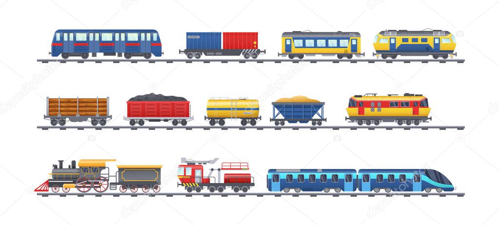 Freight train with wagons, tanks, freight, cisterns. Railway locomotive train with oil wagon, transportation cargo, railway crane for lifting cargo, transport locomotive, subway metro vector isolated