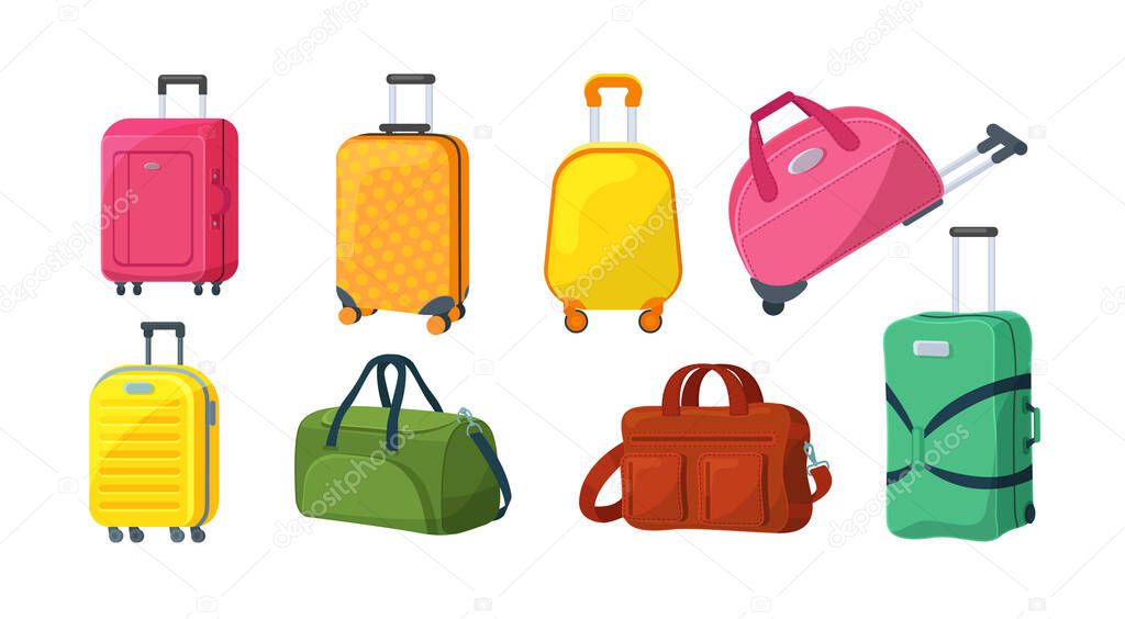 Travel luggage, plastic case, metal backpacks and leather bag. Travel suitcase with wheels, journey package, business travel bag, trip luggage. Vector backpack suitcase for journey, vacation, tourism.