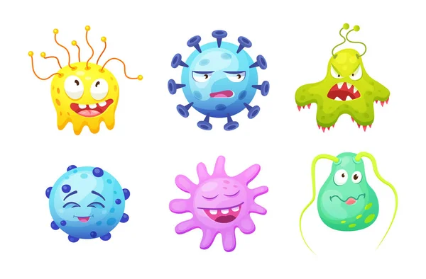微生物 微生物 かわいい細菌 ウイルス細胞 面白い笑顔の顔をした細菌 ウイルスの細菌の感情 微生物のモンスター笑顔病原体微生物コロナウイルスの漫画のキャラクターベクトル — ストックベクタ