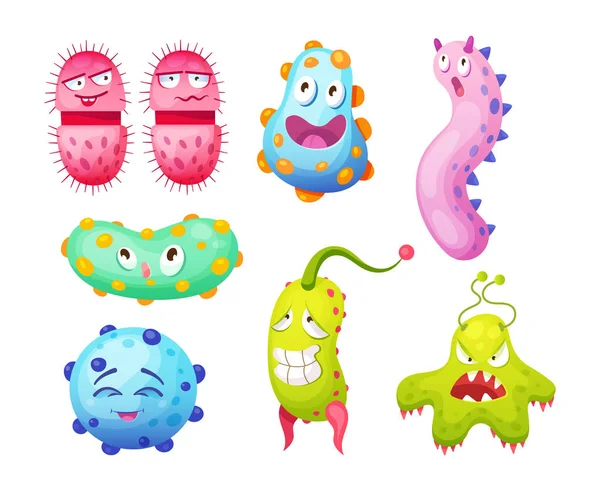 Microorganism Bacteria Microbes Cute Germs Virus Cell Bacillus Funny Smiley — Stock Vector